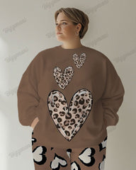 Women's Casual Daily Heart Leopard Print Plus Size Sweatshirt Suit