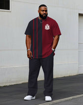 Men's Plus Size Black Grey & Red Chest Badge Short Sleeve T-Shirt Trousers Suit