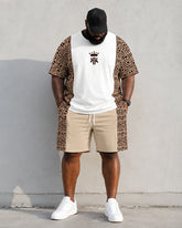 Big & Tall Men's Geometric Stitching Crown Print Round Neck Short Sleeve T-shirt Shorts Set