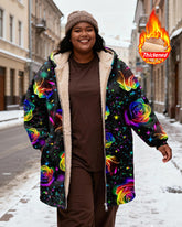Women's Black-bottom Rainbow Rose Starry-print Velvet Thickened Long Hooded Coat