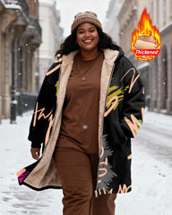 Women's Black Graffiti Letter Printed Velvet Thickened Long Hooded Coat