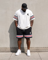 Big & Tall Men's White Red Blue Stripe Polo Print Round Neck Short Sleeve T-Shirt Shorts Set