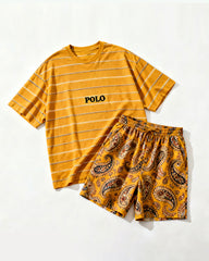 Big & Tall Men's Retro Style Yellow Tone Paisley POLO Letter Printed Round Neck Short Sleeve T-shirt Shorts Set