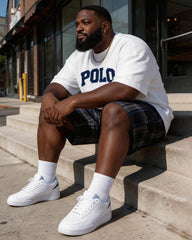 Big & Tall Men's Vintage Plaid POLO Alphabet Print Round Neck Short Sleeve T-Shirt Shorts Set