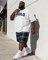 Big & Tall Men's Vintage Plaid POLO Alphabet Print Round Neck Short Sleeve T-Shirt Shorts Set