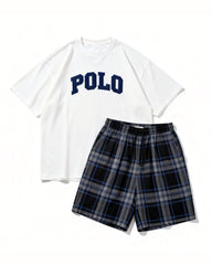 Big & Tall Men's Vintage Plaid POLO Alphabet Print Round Neck Short Sleeve T-Shirt Shorts Set