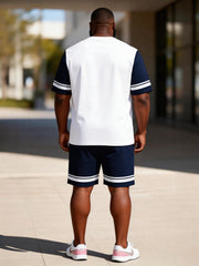 Big & Tall Men's Tibetan White Contrast Wolf Head Printed Crew Neck Short Sleeve T-shirt Shorts Set