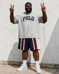 Big & Tall Men's Retro Striped POLO Letter Printed Round Neck Short Sleeve T-shirt Shorts Set