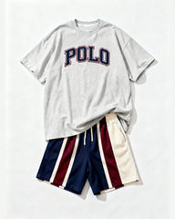 Big & Tall Men's Retro Striped POLO Letter Printed Round Neck Short Sleeve T-shirt Shorts Set