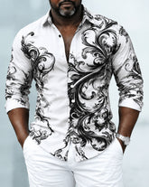 Big & Tall Men's Vintage Ink-wash Floral Pattern Print Long Sleeve Shirt