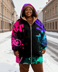 Neon Contrast Graffiti Print Velvet Thickened Long Hooded Exterior