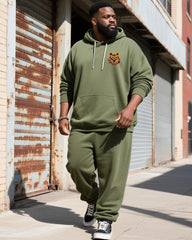Big & Tall Men's Army Green Bear Graffiti Alphabet Print Hoodie Set