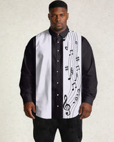 Men's Large Size Black, White Mosaic Music Pattern Print Long Sleeve Lapel Shirt