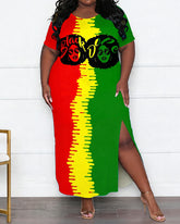 Women's Plus Size Black Diva Red Yellow Green Colorblock Printed Side Slit Short Sleeve Long Dress