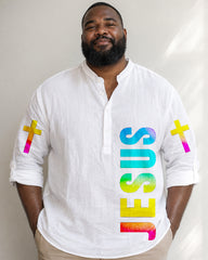 Big & Tall Men's Gradient Rainbow JESUS Letter Cross Printed Collar Sleeve Shirt