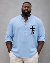 Big & Tall Men's Cross Semicolon Motivational Slogan Printed Stand Collar Long Sleeve Shirt