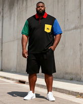 Big & Tall Men’s Black-Base Color-Block Printed Pocket Polo Short-Sleeve Shorts Set