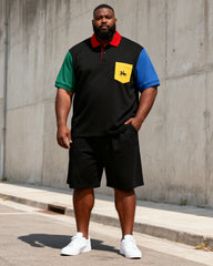 Big & Tall Men’s Black-Base Color-Block Printed Pocket Polo Short-Sleeve Shorts Set