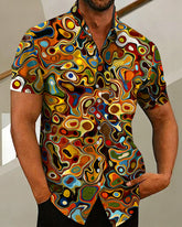 Big & Tall Men's Watercolor Wave Print Henry Collar Short Sleeve Shirt