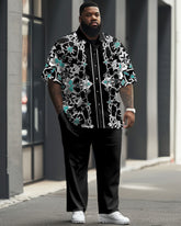 Men's Plus Size Business Simple Geometric Advanced Blue Short Sleeve Shirt Trousers Suit