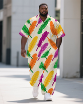 Big Guy's Fashion Colorful Feather Cartoon Printed Casual Short-Sleeve Shirt Pants Sets