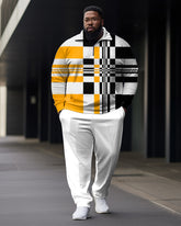 Big and Tall Men's Colorblock Plaid Zipper Polo Shirt and Pants Set