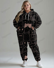 Women's Casual Daily Cute Cat Print Plus Size Hoodie Suit