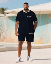 Men's large size Dark Blue Daily Simple Casual Short-sleeved polo shorts set