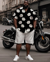 Big Man's Street Motorcycle Style White Rose Black Short Sleeve Shirt White Shorts Suit