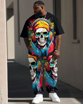 Men's Plus Size Street Fashion Graffiti Skull Print T-Shirt Trousers Suit