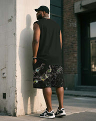 Big & Tall Men's Black Vintage Luxury Gemstone Chain Print Vest Shorts Suit