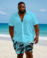 Men's Plus Size Hawaiian Holiday Bright Blue Short Sleeve Shirt Shorts Suit