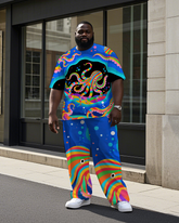 Big Men's Animal World Dreamy Octopus Printed Summer Casual Short Sleeve T-shirt Pants Set