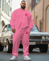 Men's Plus Size Simple All-Match Same Color Pink Sweatshirt Two-Piece Set