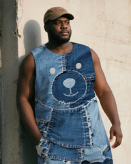 Big & Tall Men's Blue Denim Bear Print Vest Shorts Suit