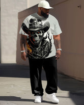Big and Tall Guy's Street Fashion Hat Skull Print T-Shirt Trousers Set