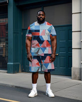 Men's Colorful Geometric Pattern Color Block Printed Big Size Short Sleeve T-Shirt and Shorts Set