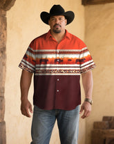 Men's Plus Size Red Color Block Animal Pattern Western Denim Print Short Sleeve Shirt