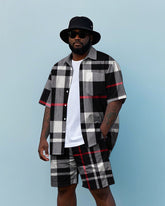 Men's Big Size Simple Classic Black Plaid Printed Daily Casual Short Sleeve Shirt and Shorts Set