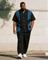 Big & Tall Men's Business Black Blue Stripe Colorblock Printed Short Sleeve Shirt Trousers Suit