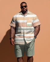 Men's Big & Tall Simple Stripe Patchwork Printed Pocket Short Sleeve Shirt Shorts Set