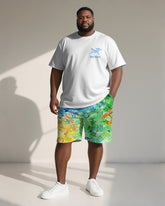 Big & Tall Men's Gradient Geometric Curved Duckling Print Crewneck Short-sleeved T-shirt Shorts Suit