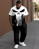 Men's Plus Size Skull Color Block Short Sleeve T-shirt and Pants Set