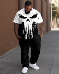 Men's Plus Size Skull Color Block Short Sleeve T-shirt and Pants Set