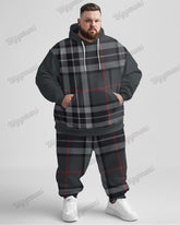 Men's Street Fashion Versatile Classic Plaid Print Big & Tall Hoodie Set