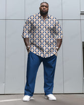 Geometric Design Textured Long Sleeve Lapel Shirt 2 Piece Set Men's Big and Tall