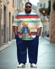 Men's Plus Size Color Striped Bear Letter Print T-shirt Trousers Suit