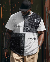 Men's Plus Size Street Fashion Black And White Paisley Patchwork Print Round Neck Short Sleeve T-Shirt