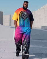 Plus Size 1 L-9L Men's Gradient Episcopal Church Print Casual Short-sleeved T-shirt Pants Suit