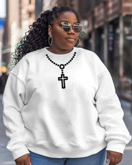 Plus Size Cross Necklace Print Casual Long Sleeve Sweatshirt